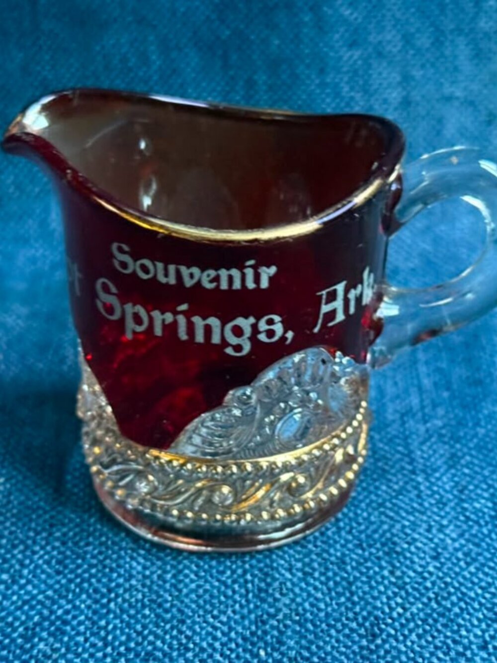 1898 EAPG US Glass Lacey Medallion Ruby Stain Souvenir Creamer Hot Springs 2"